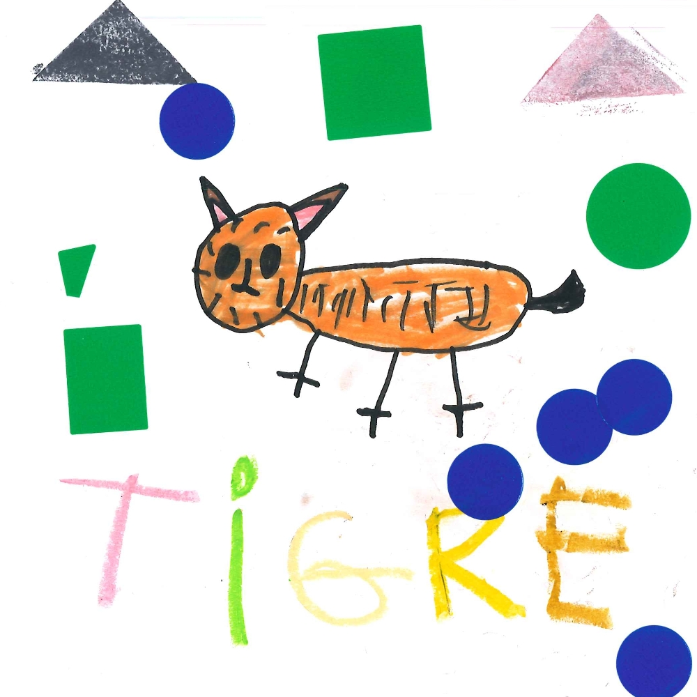 Dessin de Myriam (7 ans). Mot: TigreTechnique: Pastels.