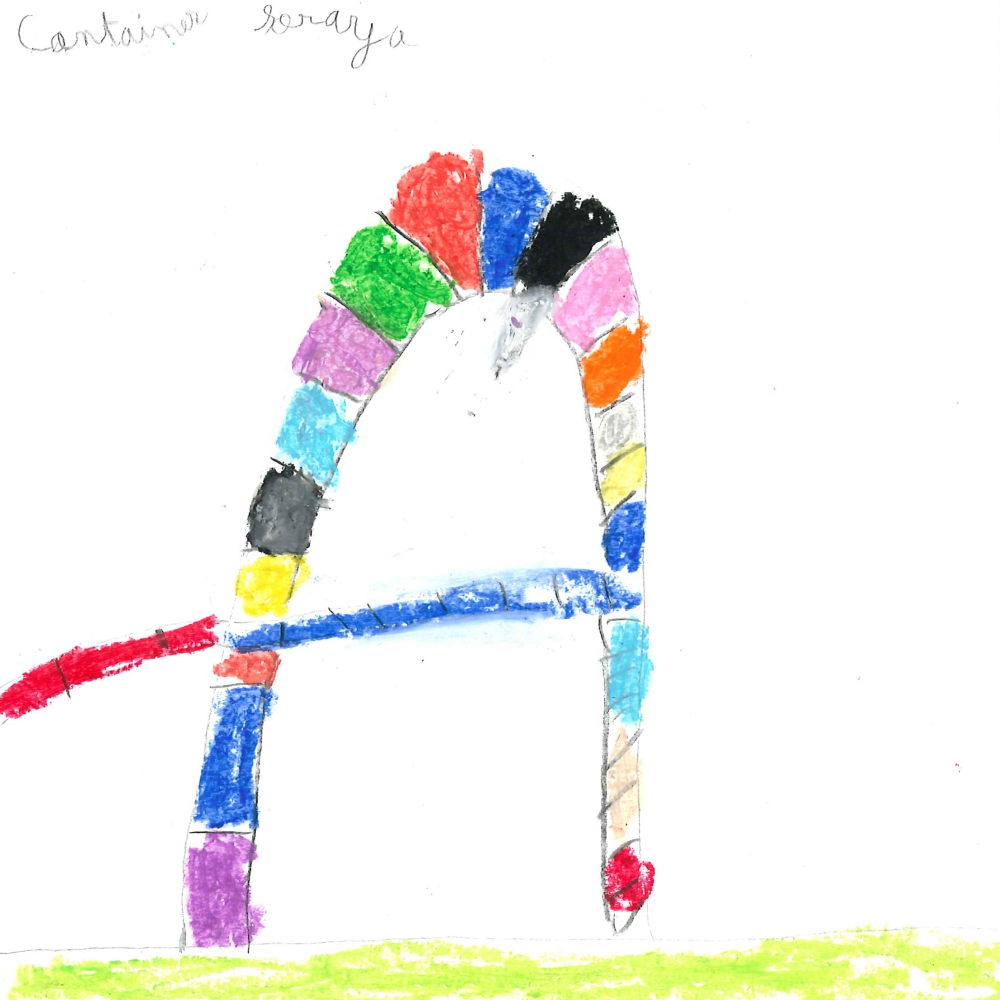 Dessin de Soraya (8 ans). Mot: ContainerTechnique: Pastels.