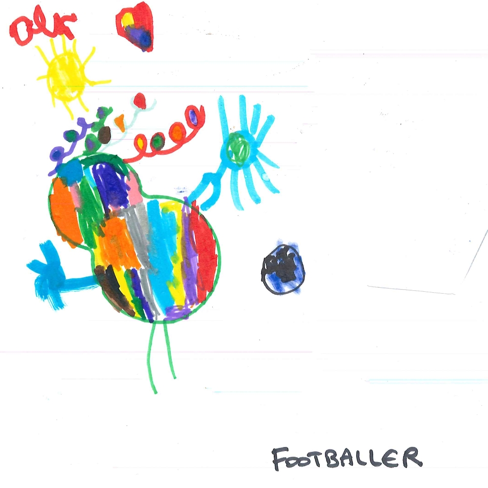 Dessin de Alyamine (4 ans). Mot: Footballeur, FootballeuseTechnique: Feutres.