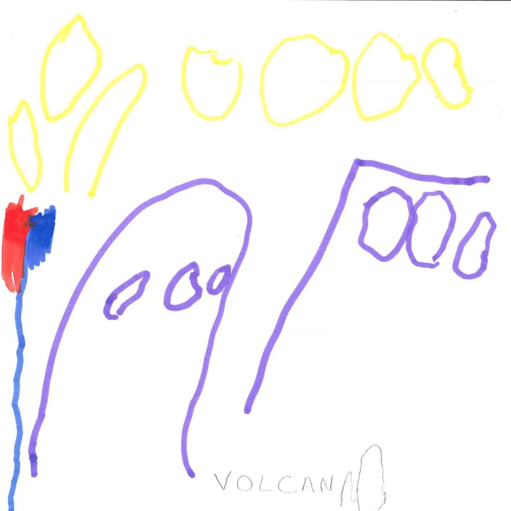 Dessin de Aylan (4 ans). Mot: VolcanTechnique: Feutres.