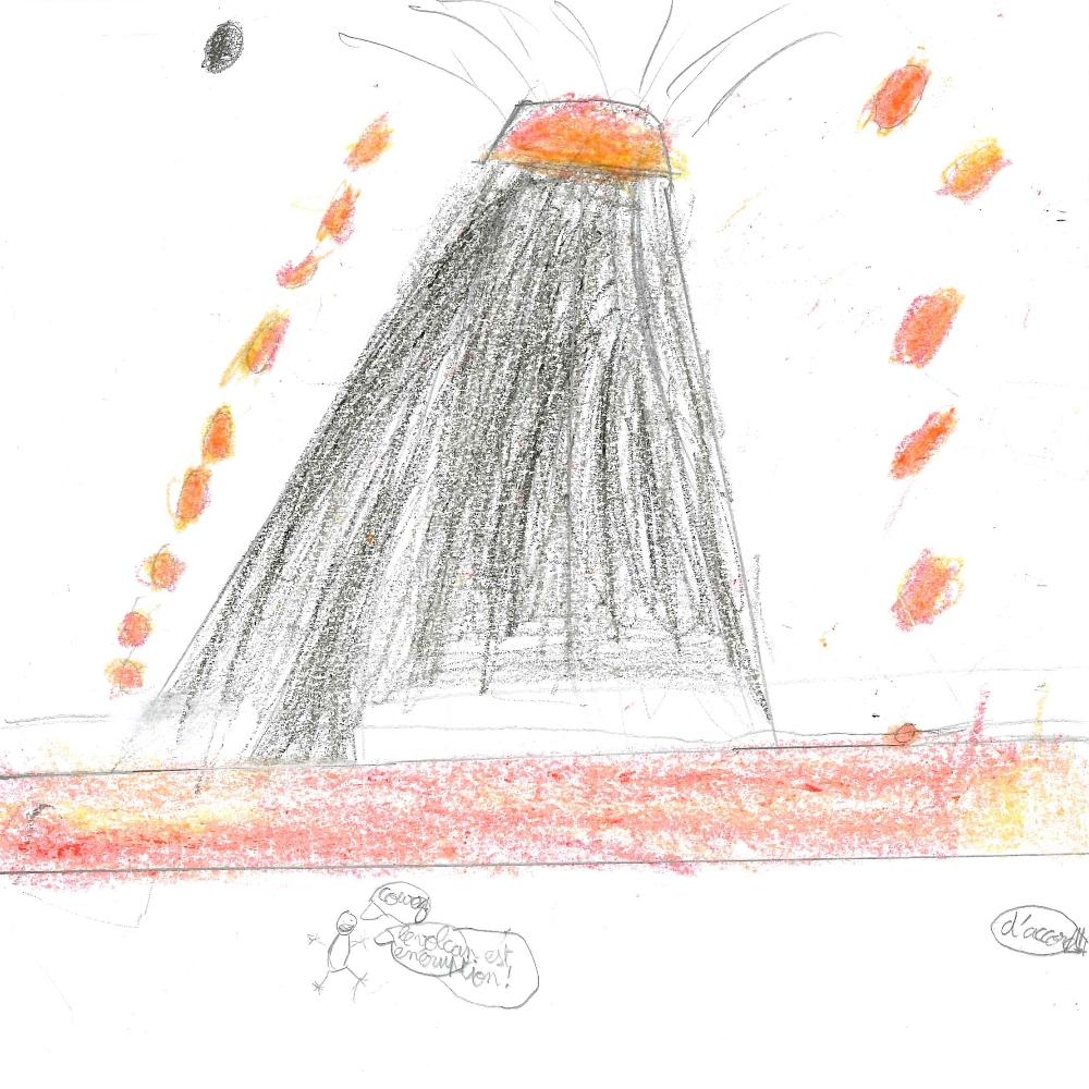 Dessin de Lee-Maëly (8 ans). Mot: VolcanTechnique: Crayons.