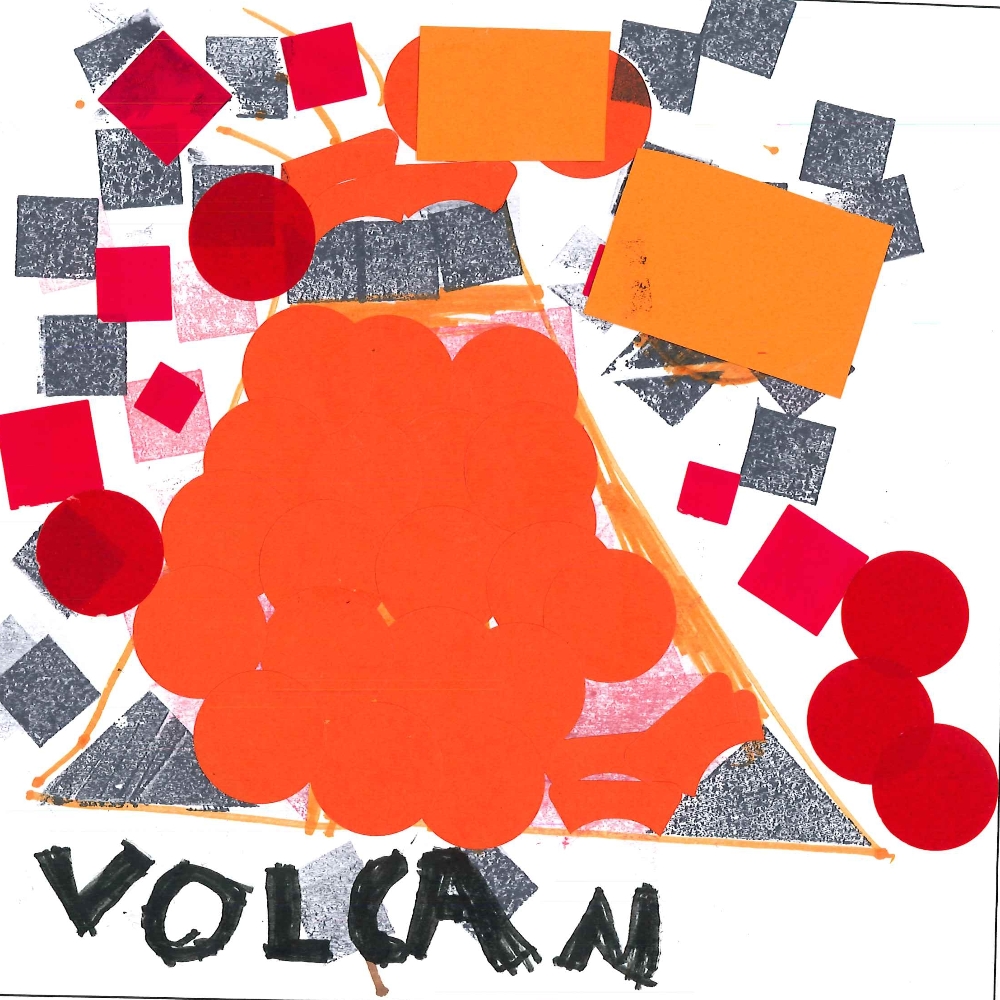 Dessin de Ephraim (8 ans). Mot: VolcanTechnique: Gommettes.