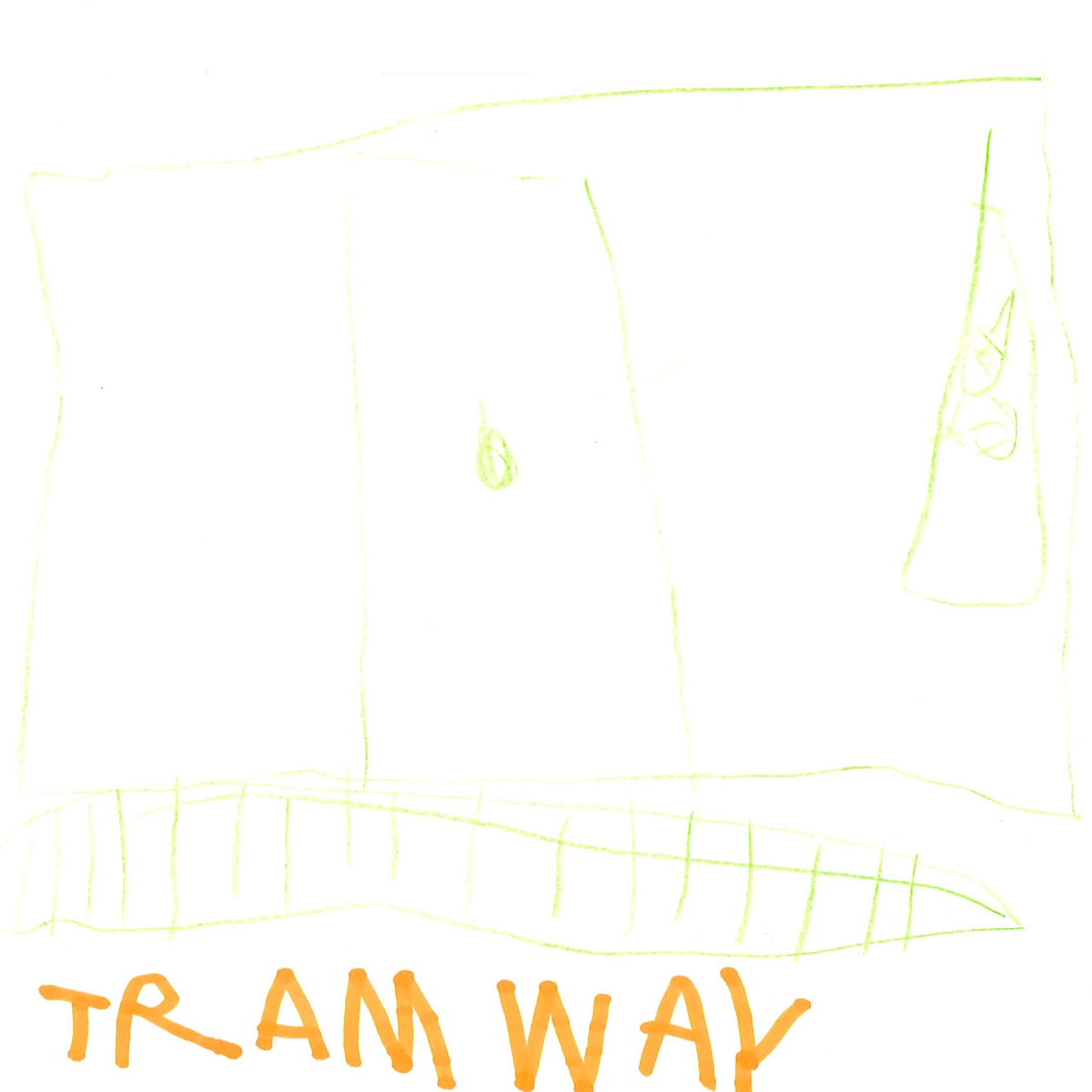 Dessin de Alexia (5 ans). Mot: TramwayTechnique: Crayons.