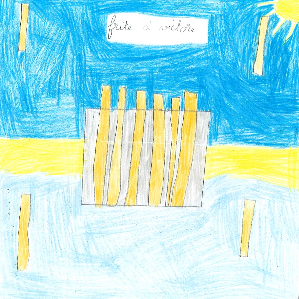 Dessin de Alice (8 ans). Mot: Frites à VictorTechnique: Crayons.