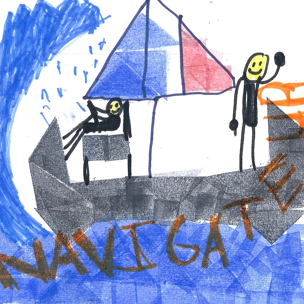 Dessin de Mohamed (7 ans). Mot: Navigatrice, NavigateurTechnique: Tampons.