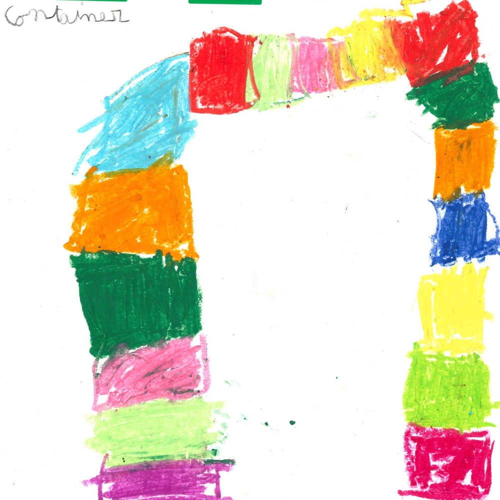 Dessin de Lino (7 ans). Mot: ContainerTechnique: Pastels.