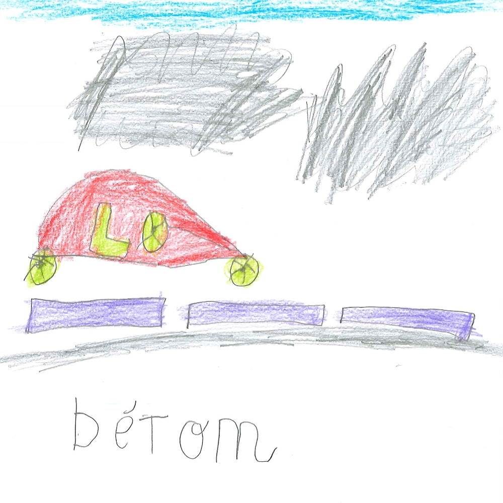 Dessin de Augustin (7 ans). Mot: BétonTechnique: Crayons.
