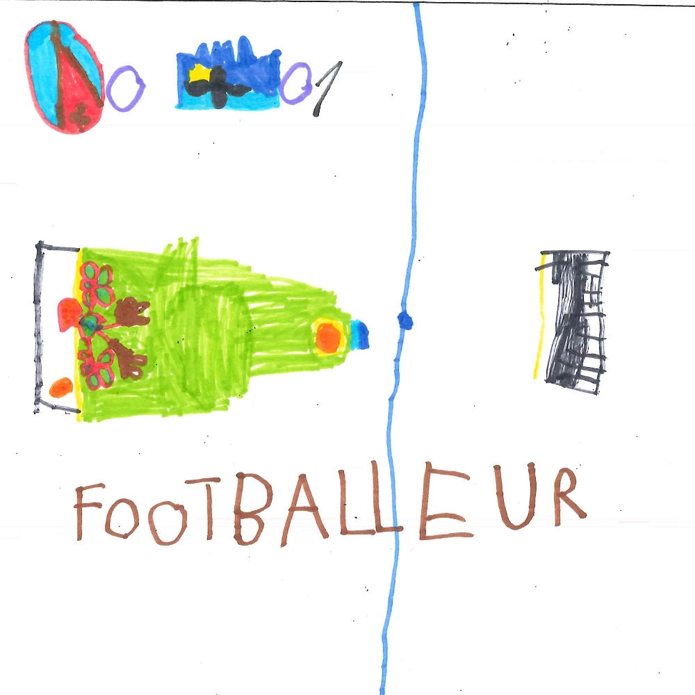 Dessin de Sacha (6 ans). Mot: Footballeur, FootballeuseTechnique: Feutres.
