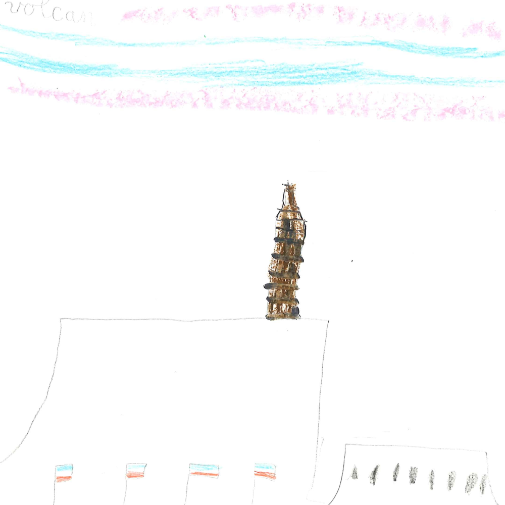Dessin de Célestine (7 ans). Mot: VolcanTechnique: Crayons.