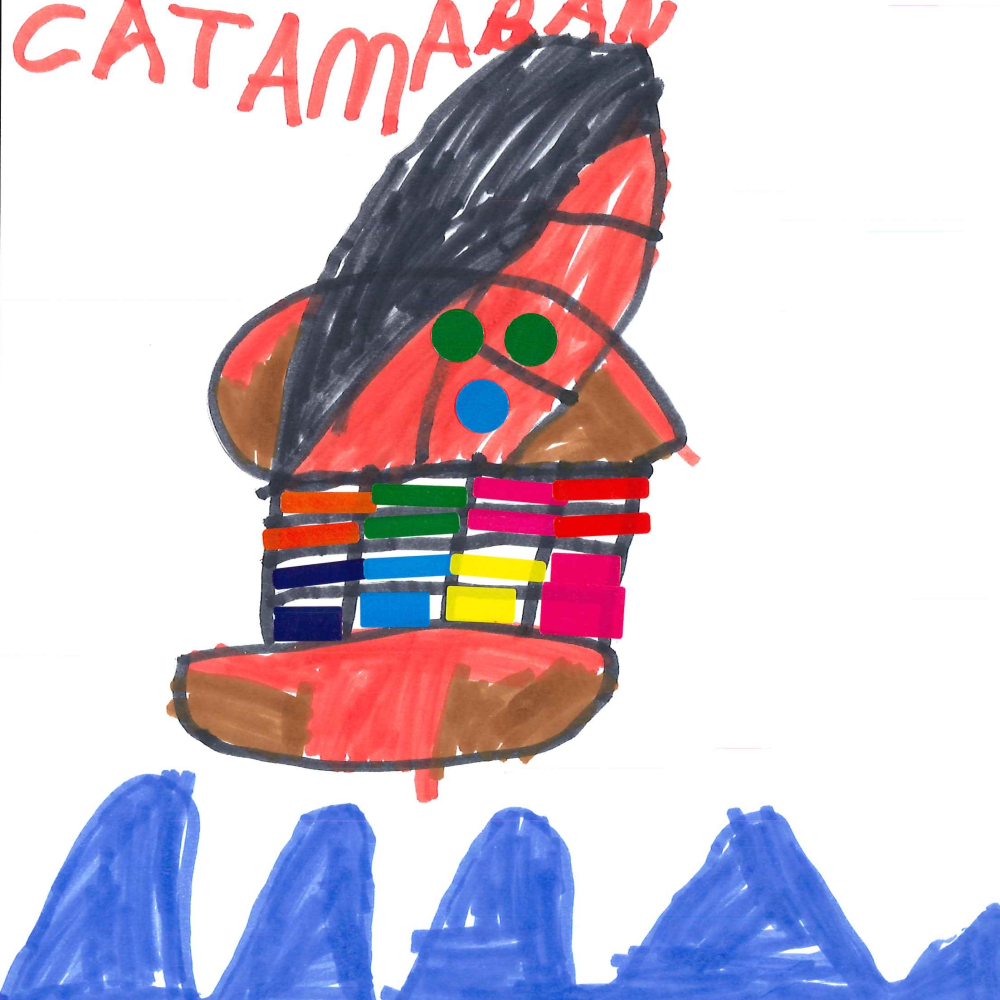 Dessin de Augustin (6 ans). Mot: CatamaranTechnique: Feutres.