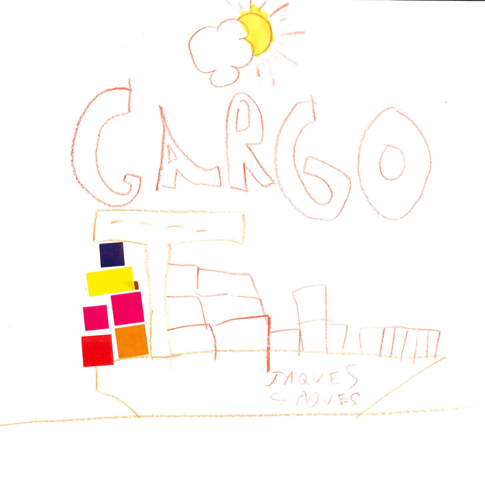 Dessin de Ochirsuren (8 ans). Mot: CargoTechnique: Crayons.