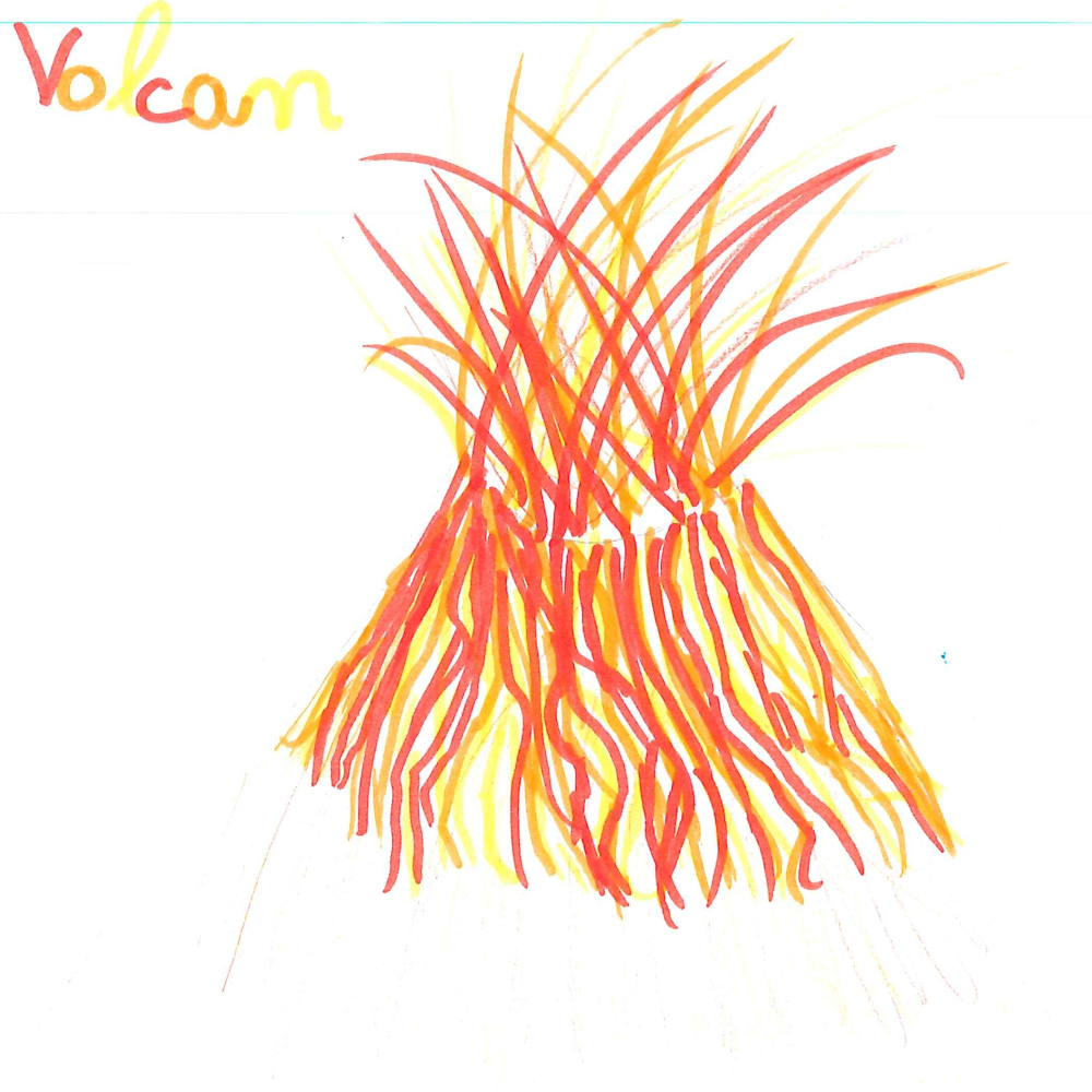 Dessin de Adèle (10 ans). Mot: VolcanTechnique: Feutres.