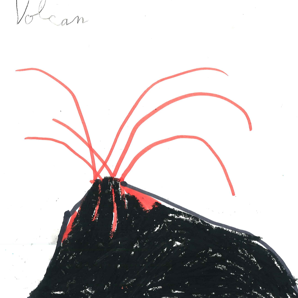Dessin de Gabriel (7 ans). Mot: VolcanTechnique: Pastels.
