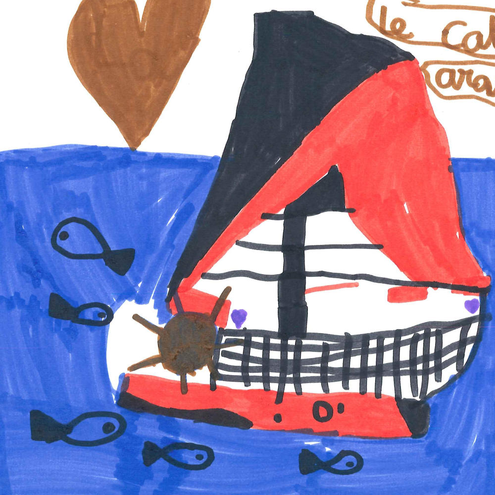 Dessin de Suzanne (6 ans). Mot: CatamaranTechnique: Crayons.