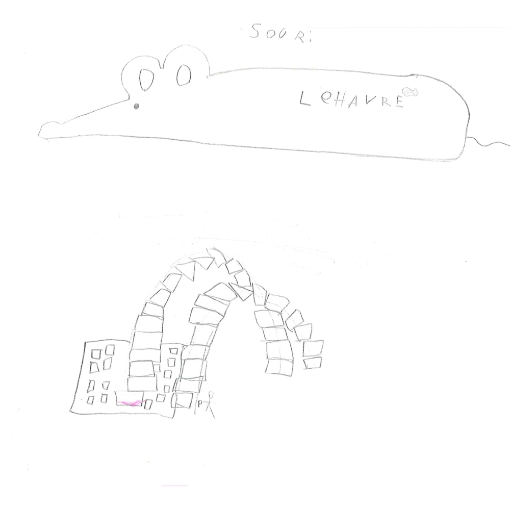 Dessin de Adam (8 ans). Mot: ContainerTechnique: Crayons.