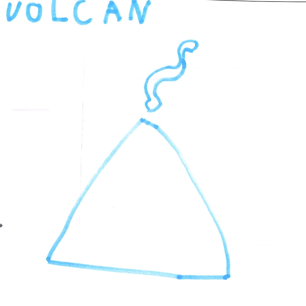 Dessin de Soline (6 ans). Mot: VolcanTechnique: Feutres.