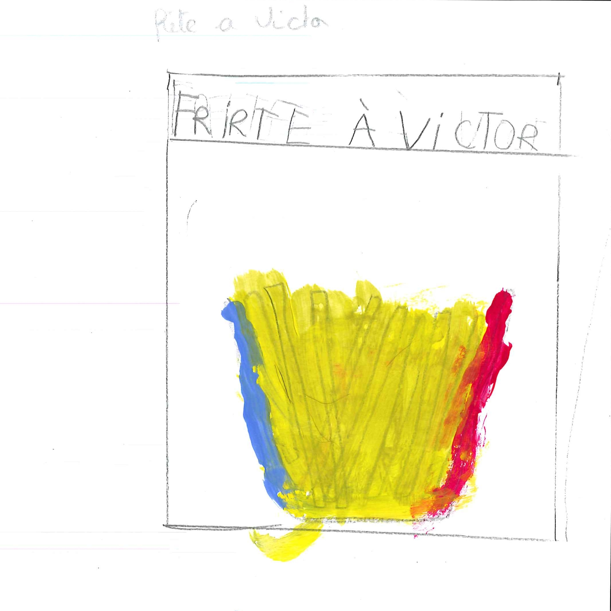 Dessin de Lamia (7 ans). Mot: Frites à VictorTechnique: Peinture.
