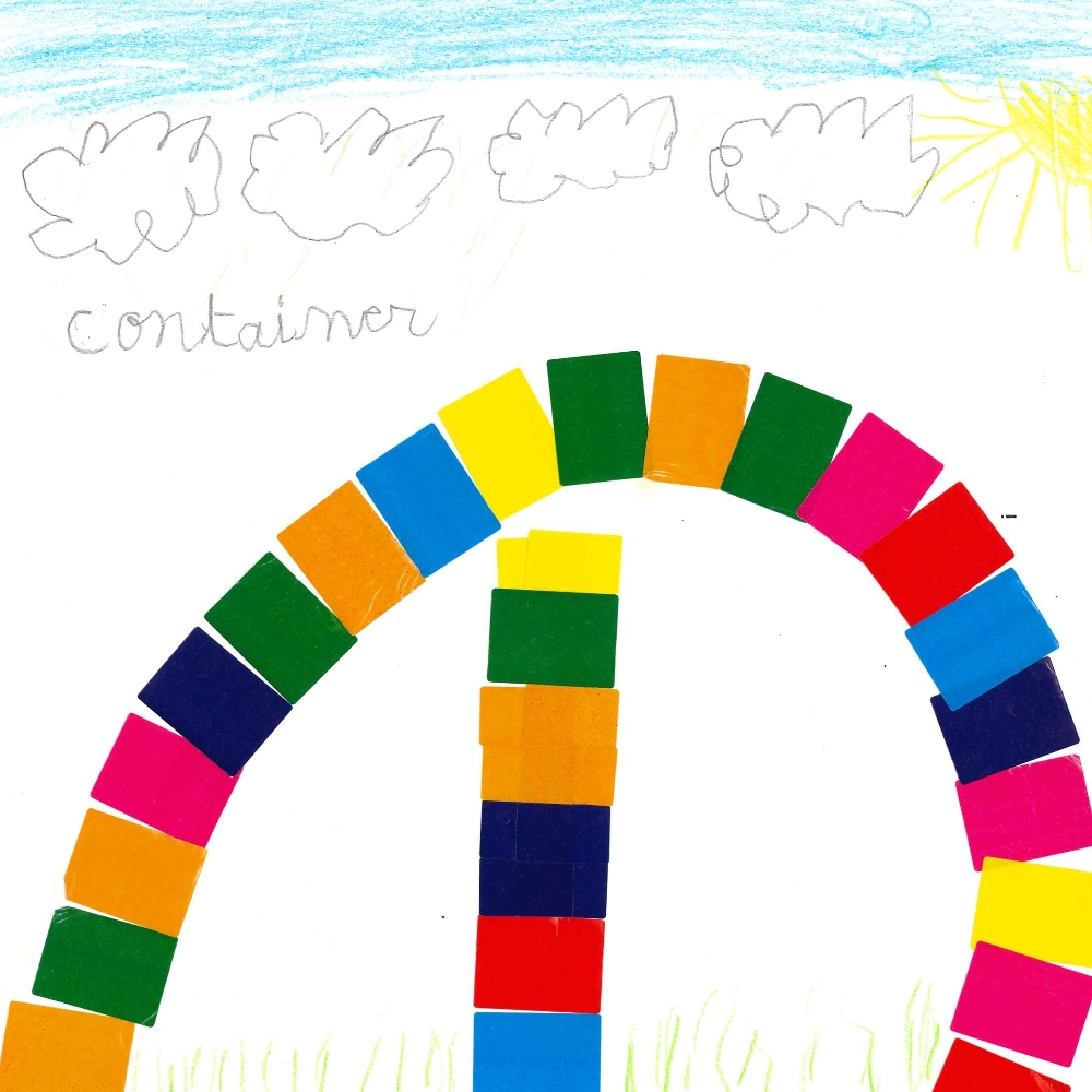Dessin de Eléonore (7 ans). Mot: ContainerTechnique: Gommettes.