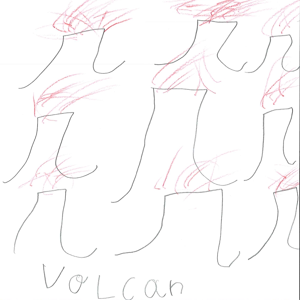 Dessin de Augustin (7 ans). Mot: VolcanTechnique: Crayons.