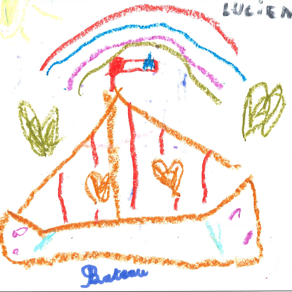 Dessin de Lucien (7 ans). Mot: BateauTechnique: Pastels.