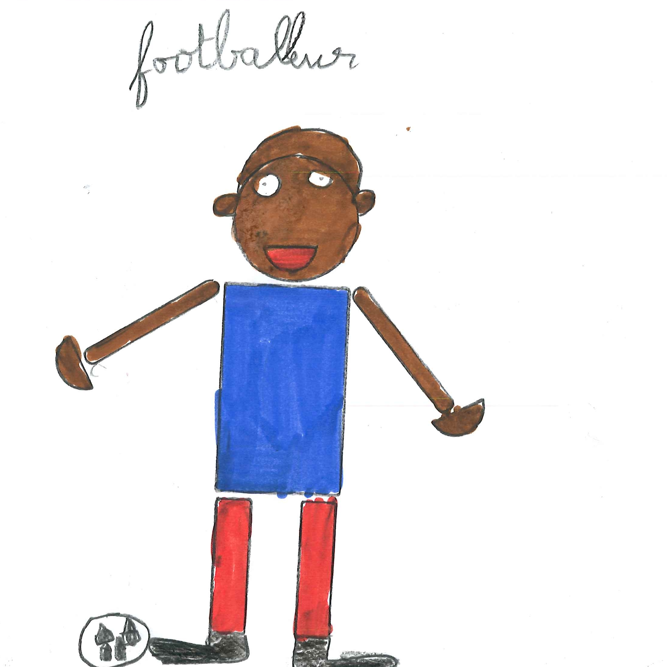 Dessin de Paul (7 ans). Mot: Footballeuse, FootballeurTechnique: Normographe.