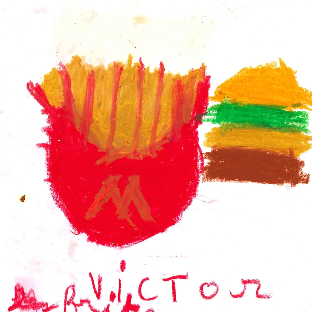 Dessin de Owen (8 ans). Mot: Frites à VictorTechnique: Pastels.