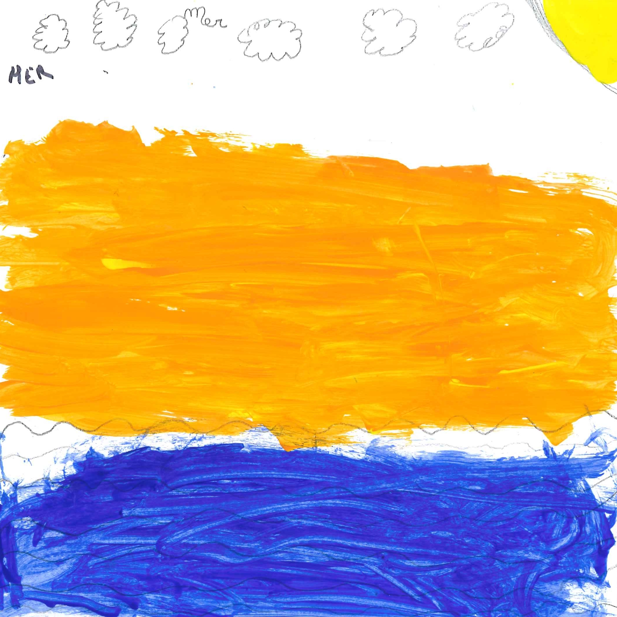 Dessin de Mounir (7 ans). Mot: MerTechnique: Peinture.