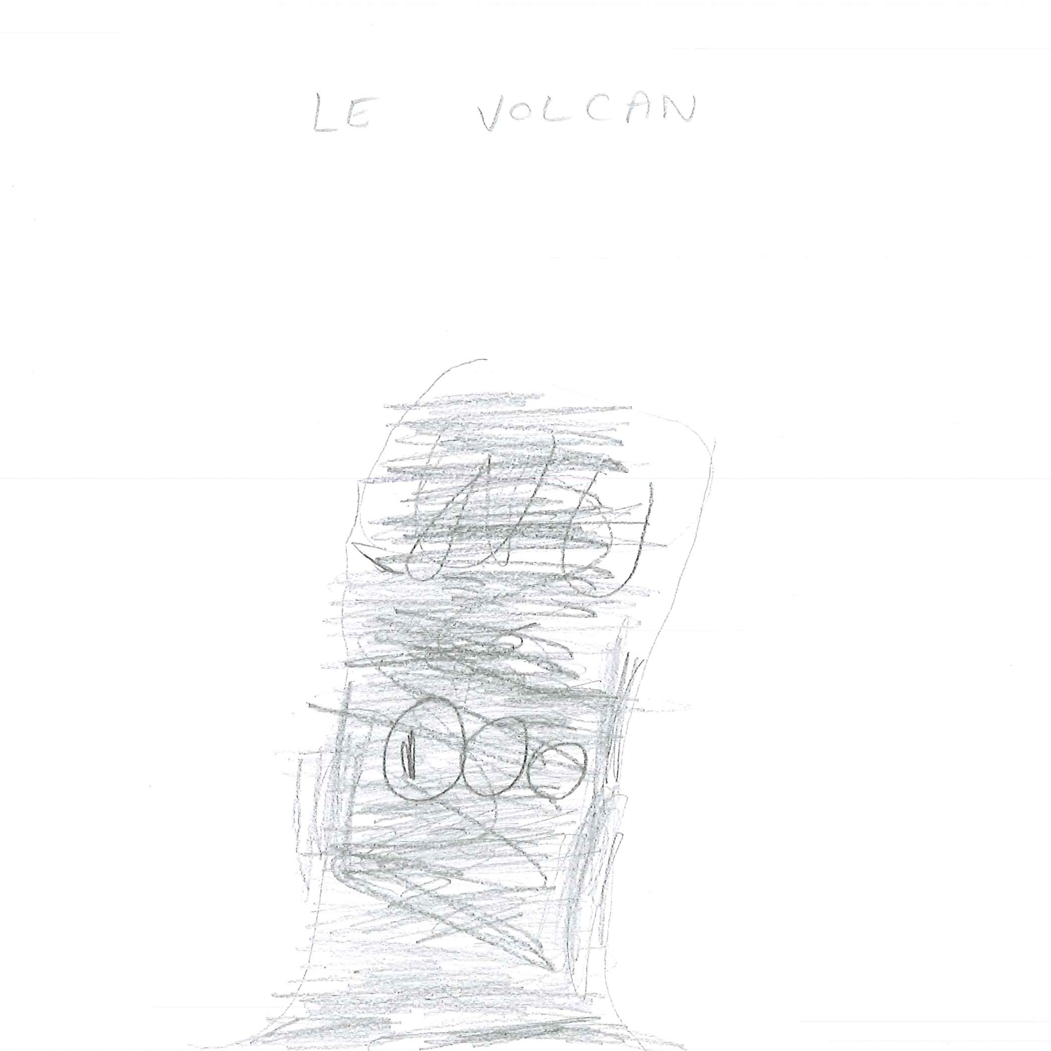 Dessin de Tagiri (8 ans). Mot: VolcanTechnique: Crayons.