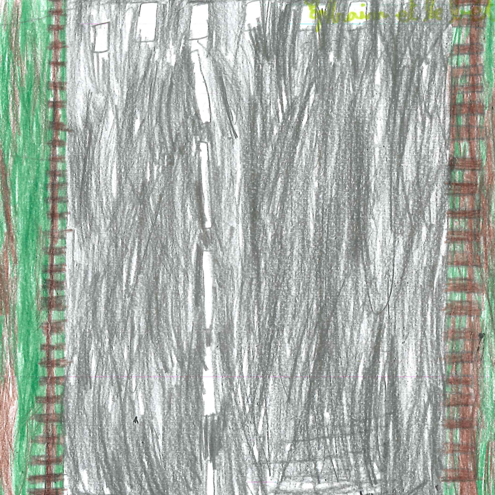 Dessin de Ephraim (7 ans). Mot: BétonTechnique: Crayons.
