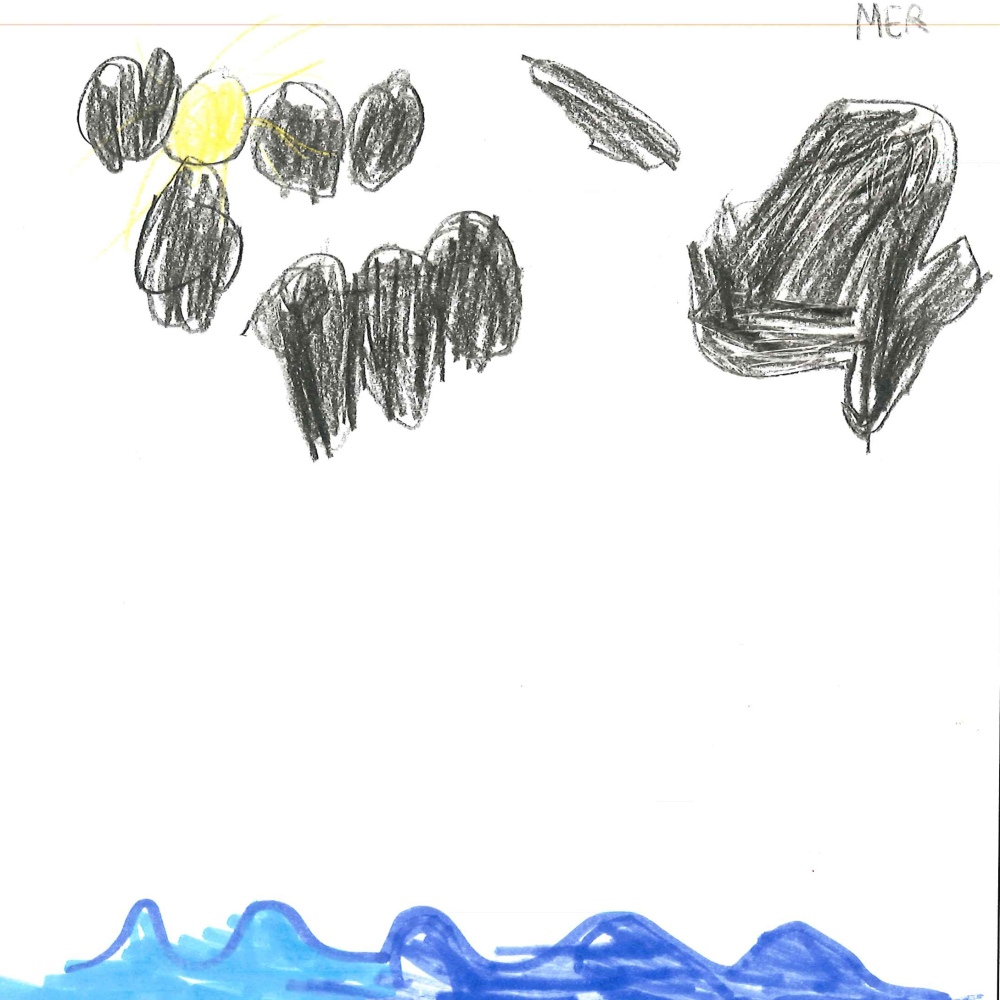 Dessin de Augustin (5 ans). Mot: MerTechnique: Crayons.