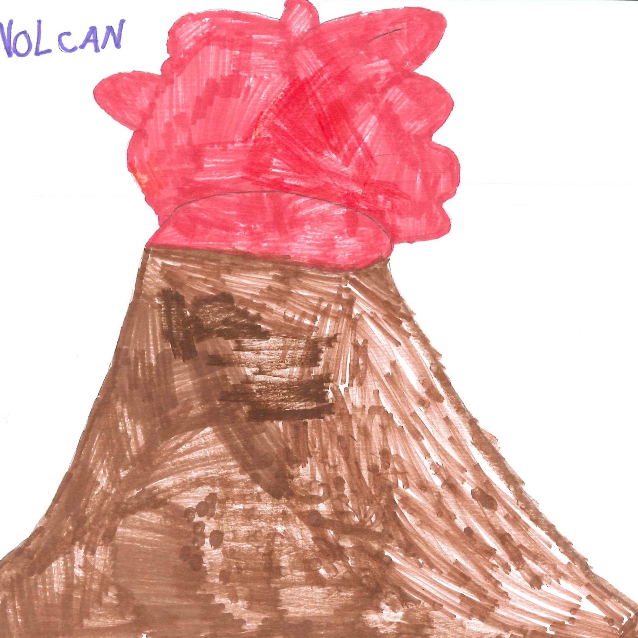 Dessin de Vaishnavi (8 ans). Mot: VolcanTechnique: Feutres.