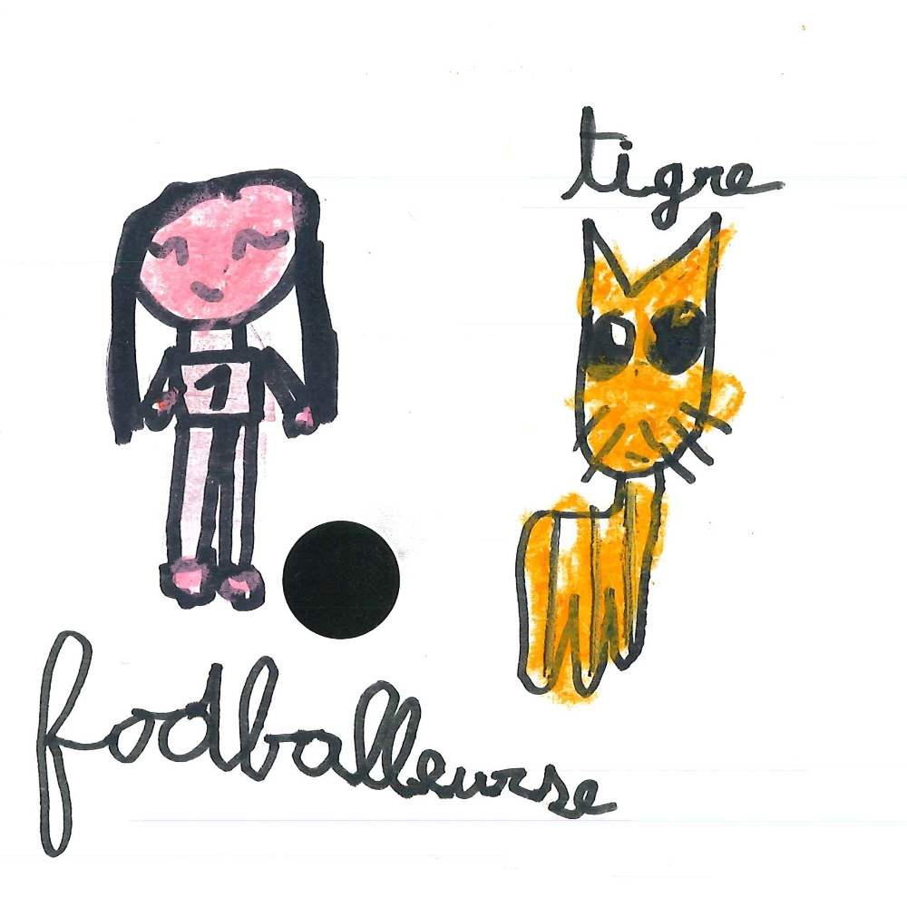Dessin de Chloe (7 ans). Mot: Footballeuse, FootballeurTechnique: Pastels.