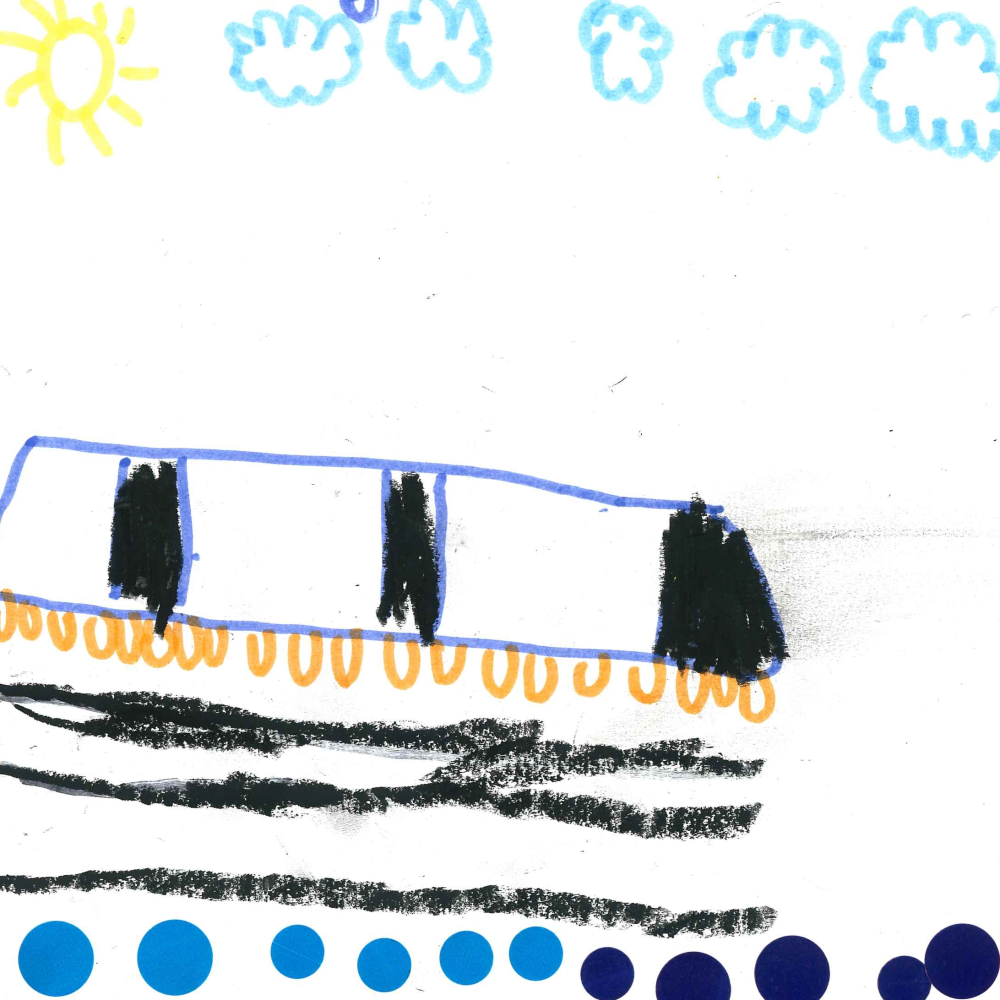 Dessin de Téo (6 ans). Mot: TramwayTechnique: Pastels.