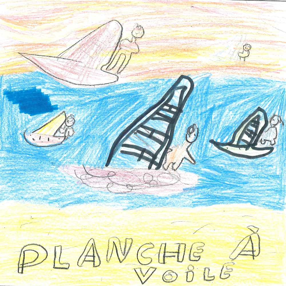 Dessin de Jenna (9 ans). Mot: Planche à voileTechnique: Crayons.