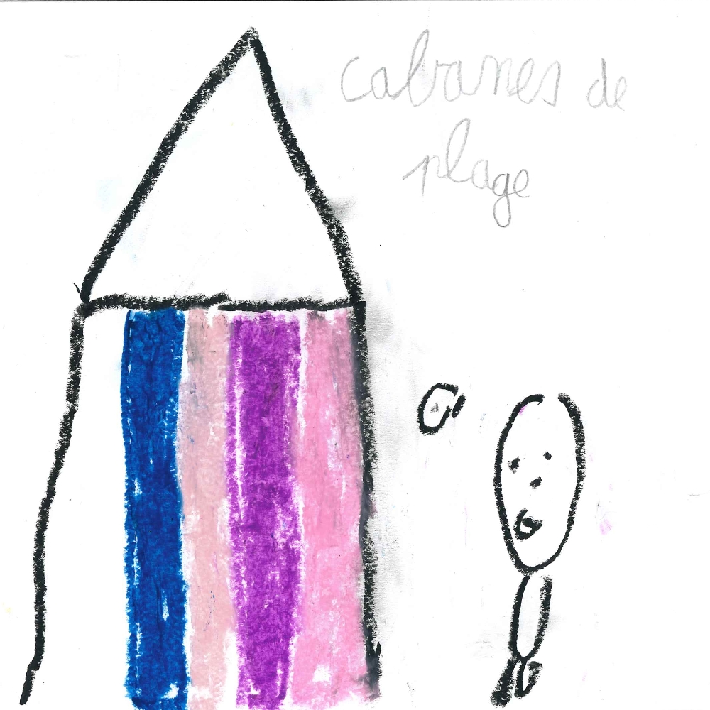 Dessin de Tahid (7 ans). Mot: Cabane de plageTechnique: Pastels.
