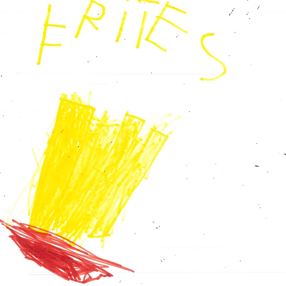 Dessin de Alassan (5 ans). Mot: Frites à VictorTechnique: Feutres.