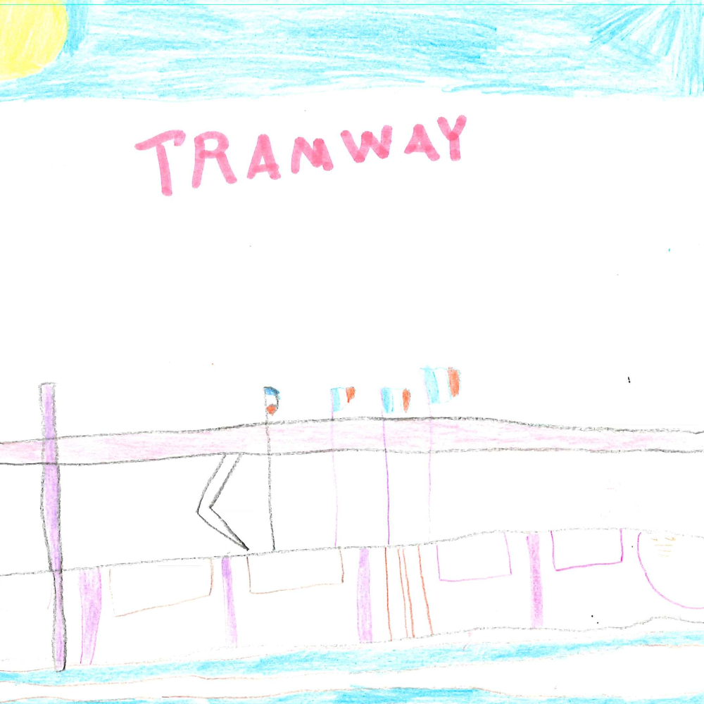 Dessin de Victoria (5 ans). Mot: TramwayTechnique: Crayons.