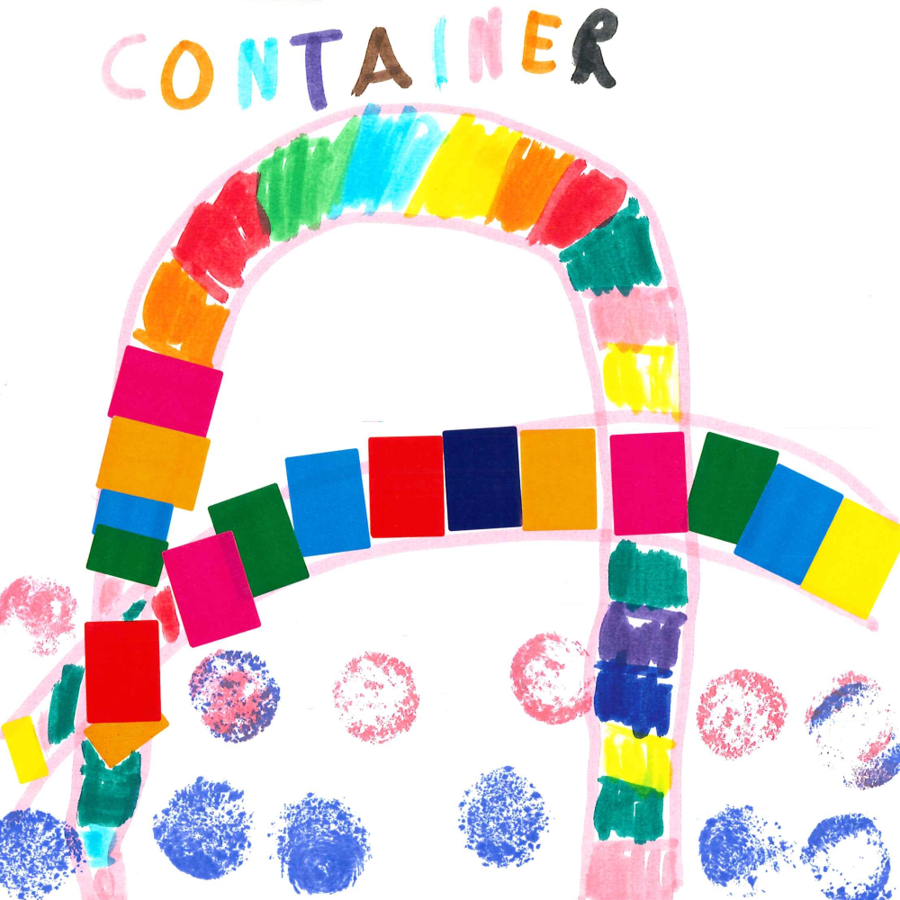 Dessin de Eléa (5 ans). Mot: ContainerTechnique: Gommettes.