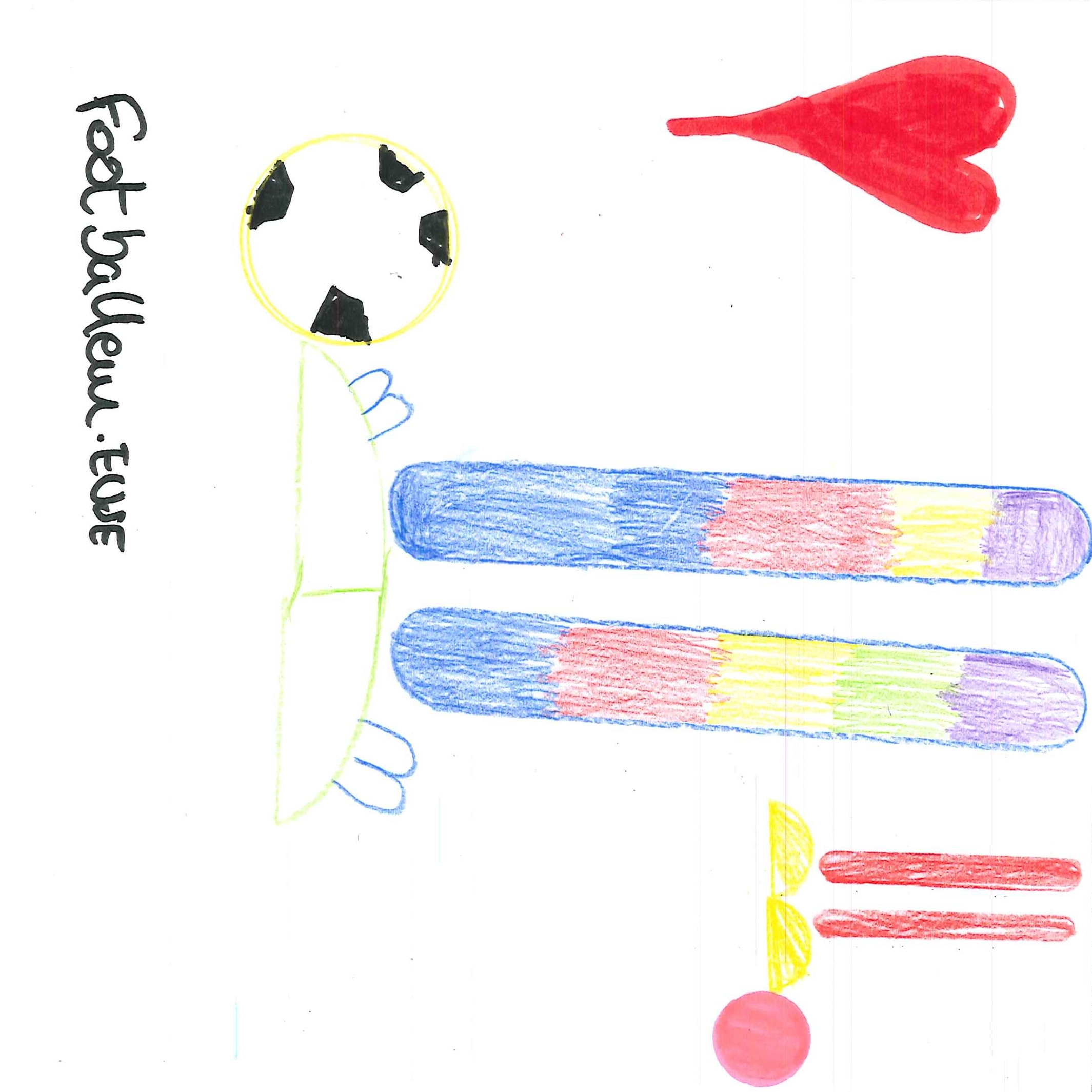 Dessin de Justine (6 ans). Mot: Footballeuse, FootballeurTechnique: Crayons.