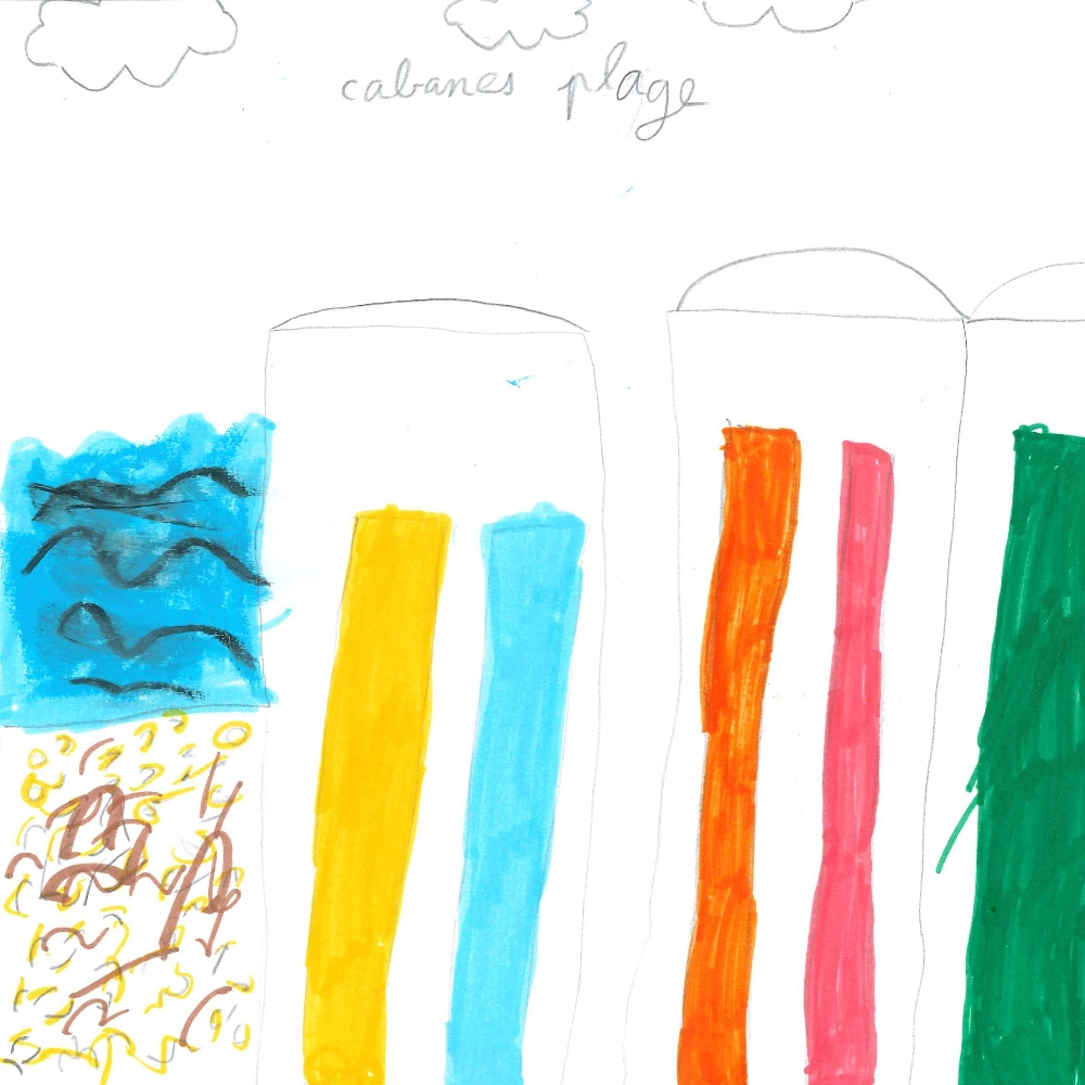 Dessin de Melyna (9 ans). Mot: Cabane de plageTechnique: Crayons.