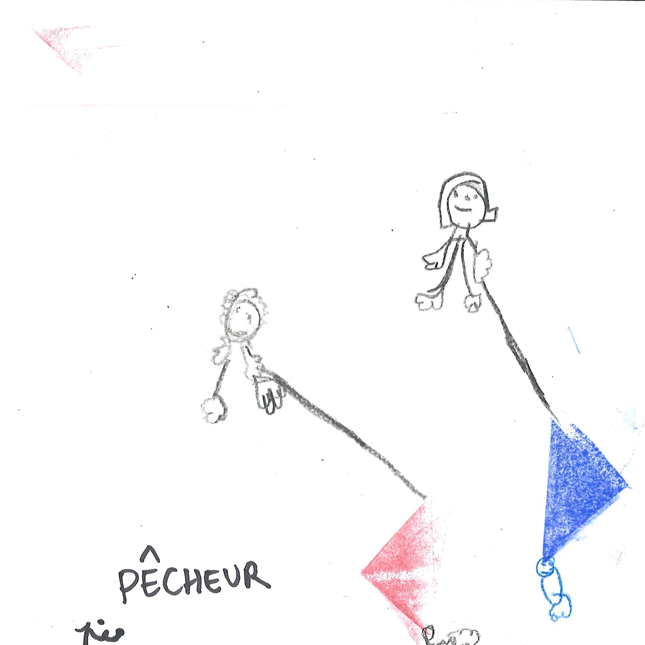 Dessin de Soumaya (7 ans). Mot: Pêcheuse, PêcheurTechnique: Crayons.